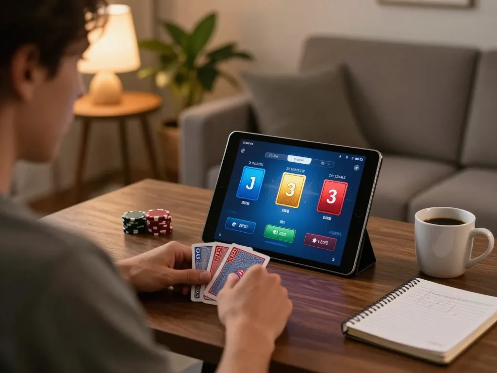 Player enjoying online poker on cm88 com app with strategy notes in a cozy setting