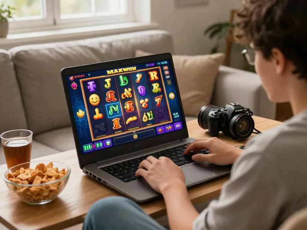 Exciting scene of a player enjoying a slot maxwin game at home, surrounded by vibrant symbols and cozy atmosphere.