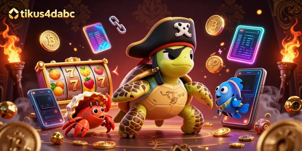 Engage with tikus4dabc's vivid slot game scene featuring a pirate turtle amidst treasures and vibrant gaming elements.