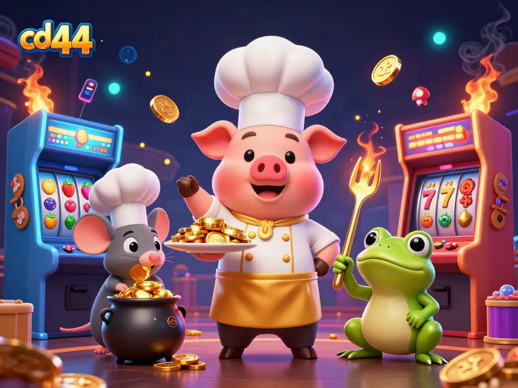 Experience the excitement with cd 44 as a chef pig serves gold coins in a vibrant casino atmosphere.