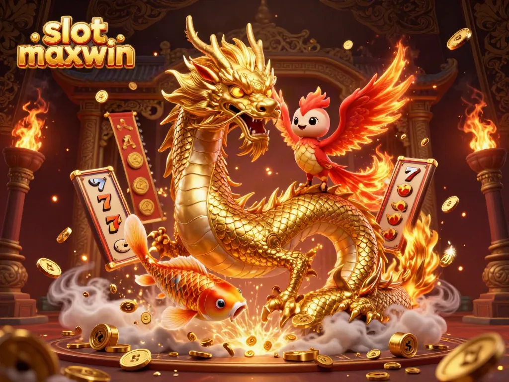 Experience thrilling slot maxwin action with golden dragon, phoenix, and koi fish amid coins and game elements.