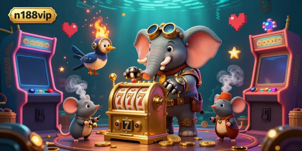 Engage with the vibrant n188vip casino experience featuring a steampunk elephant and a golden slot machine.