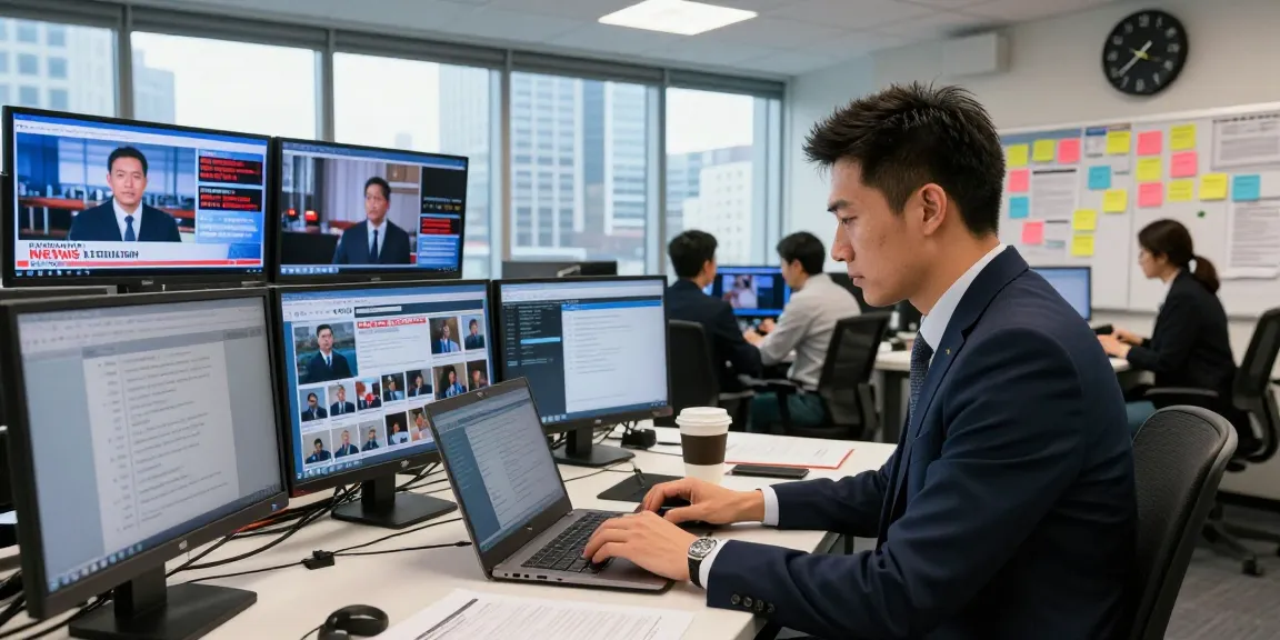 Journalist at https://www.theindaily.com newsroom working on breaking news, dynamic environment with screens and city view.
