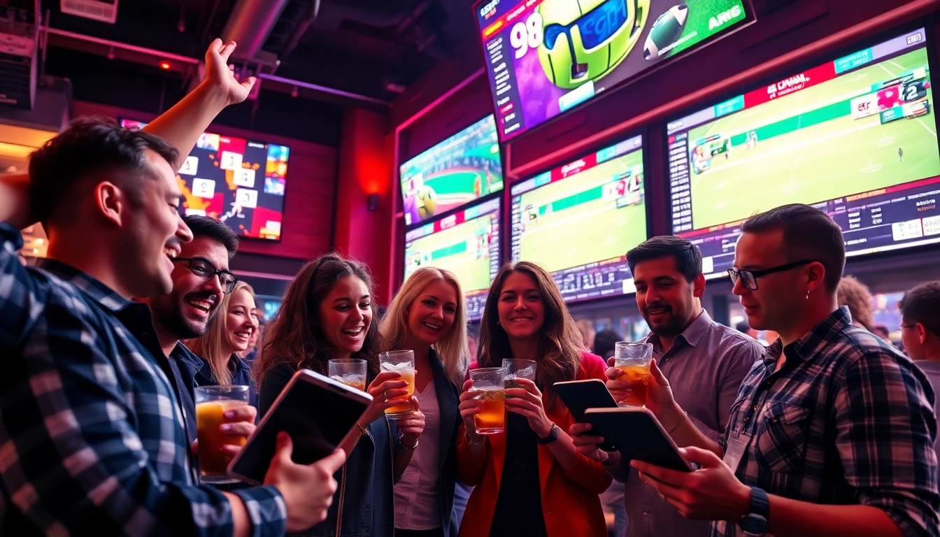 Excited patrons enjoying online Betting in a vibrant sports bar atmosphere.