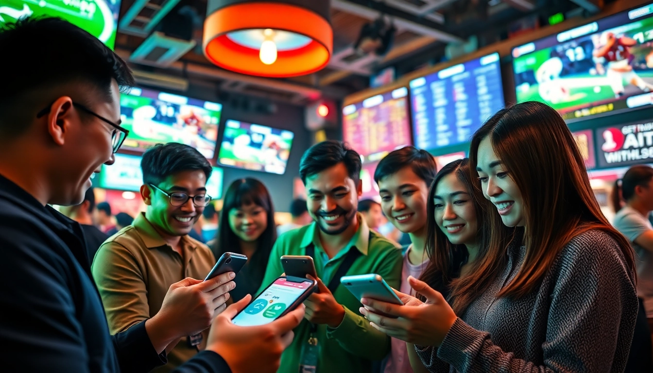 SBOBET menampilkan penggemar olahraga yang bersemangat dalam suasana taruhan langsung.