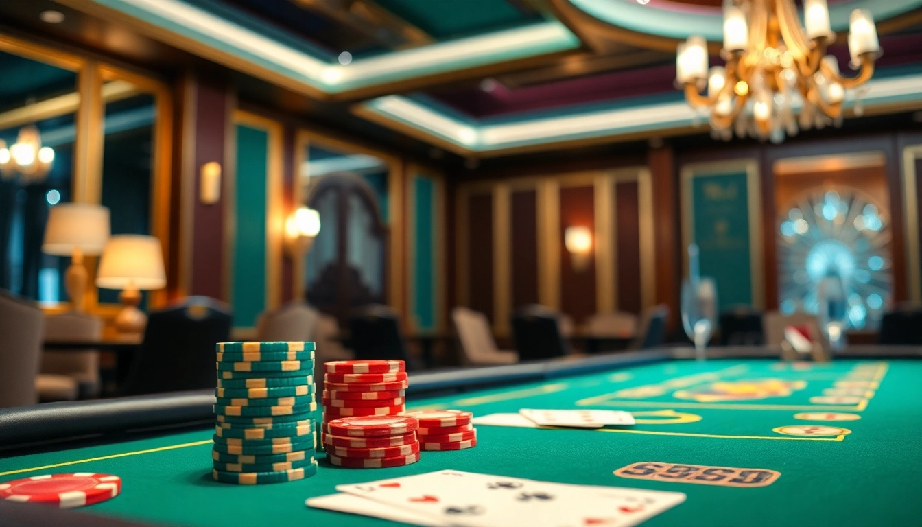 Engaging casino poker scene with vibrant chips and cards on a luxurious table.