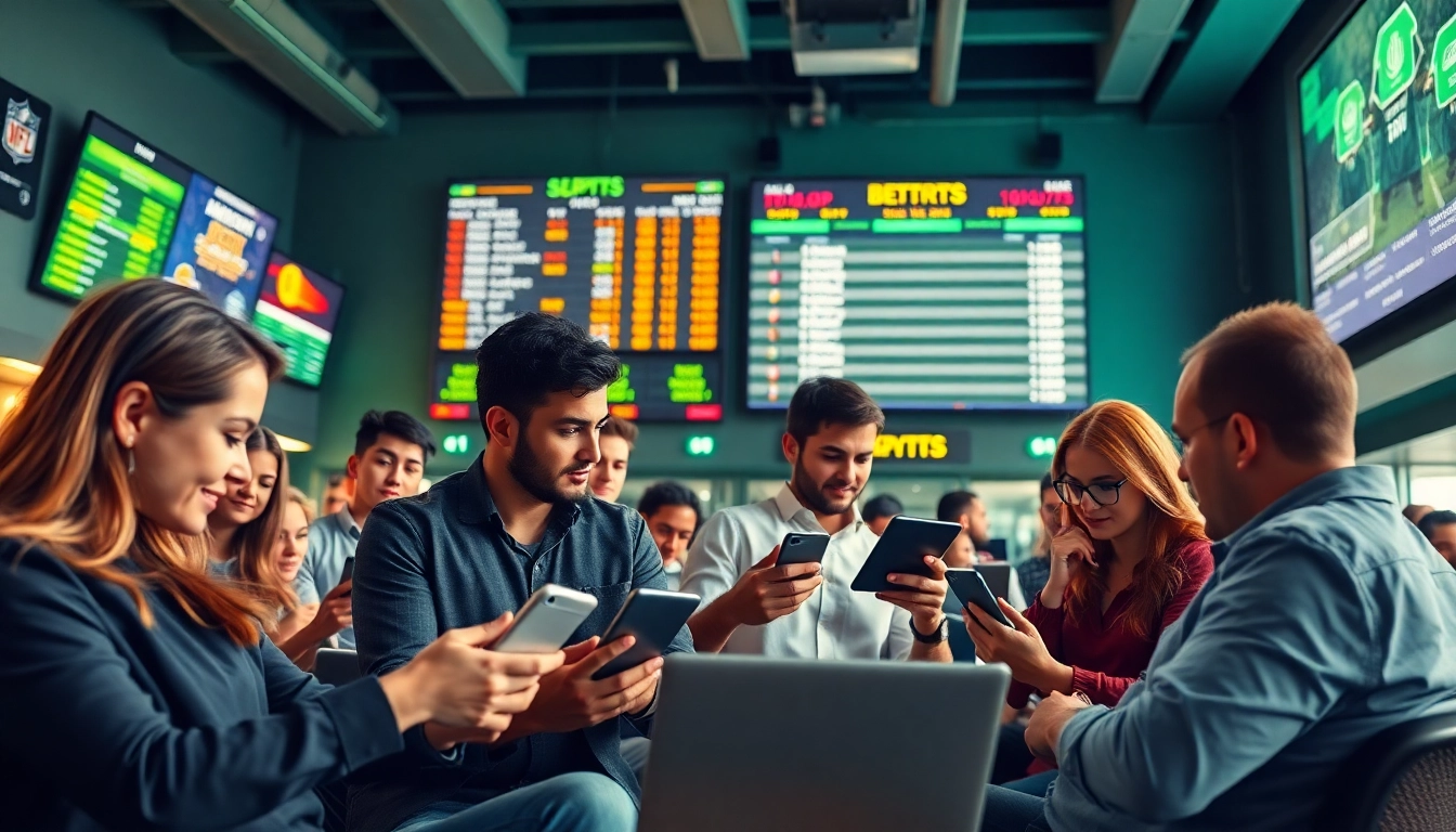 Engaged bettors analyzing sports betting odds on various devices in a lively environment.