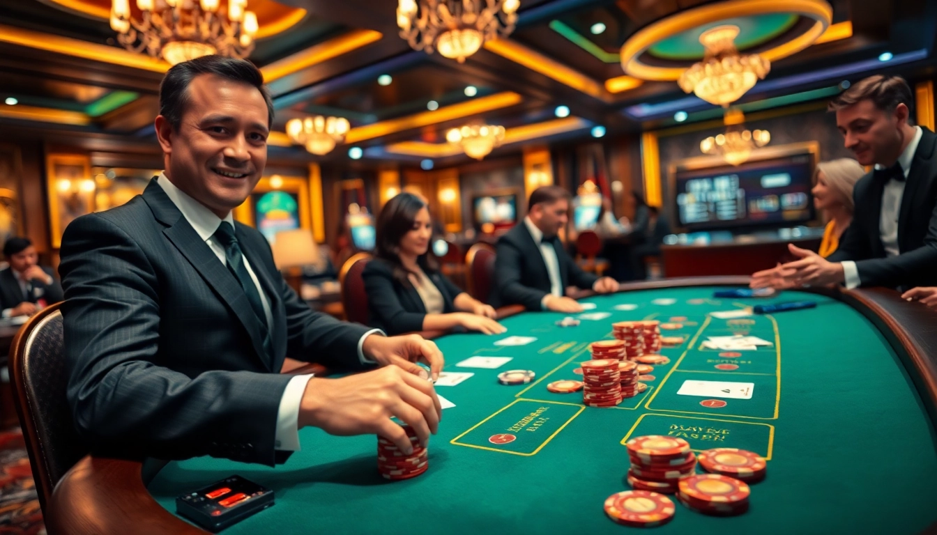 Engaged players enjoying a game of Blackjack Casino with colorful chips and lively atmosphere.