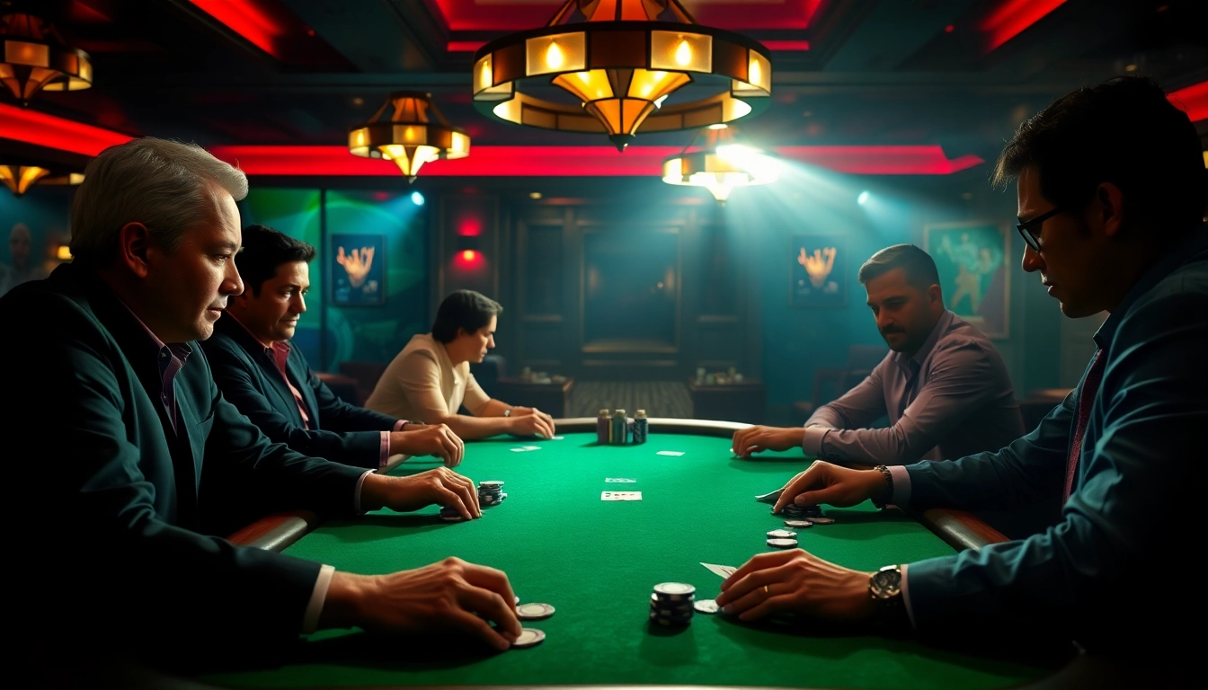 Engaging poker game with players focused on their cards in a casino.