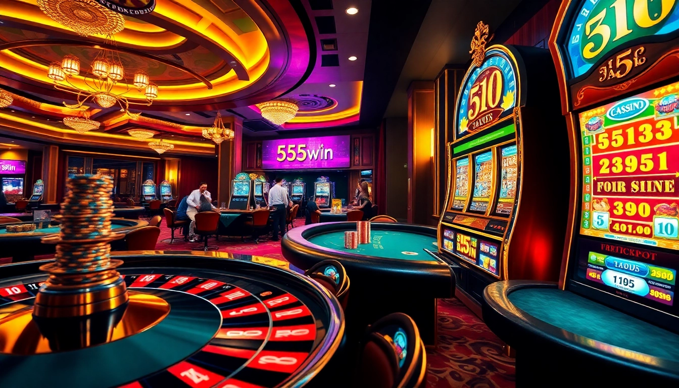 Engage with thrilling gaming at 555win casino showcasing vibrant poker games and roulette.