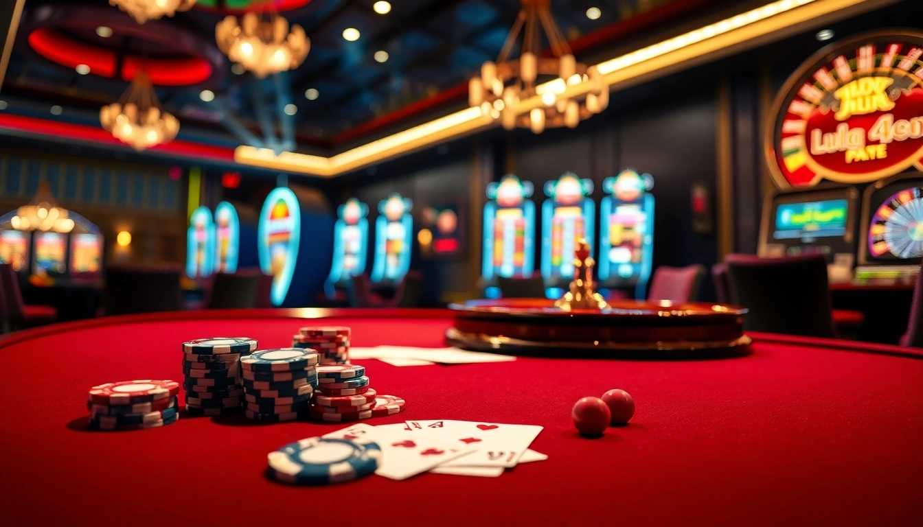 Experience thrilling gameplay at lu88 with vibrant casino tables, poker chips, and a roulette wheel.