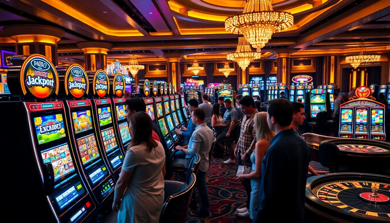 Players enjoying engaging slot games at a luxurious casino with vibrant machines.