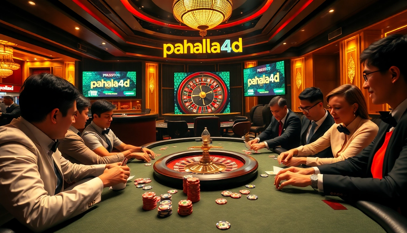 Players enjoying high-stakes poker at a luxury casino with "pahala4d" promotions visible.