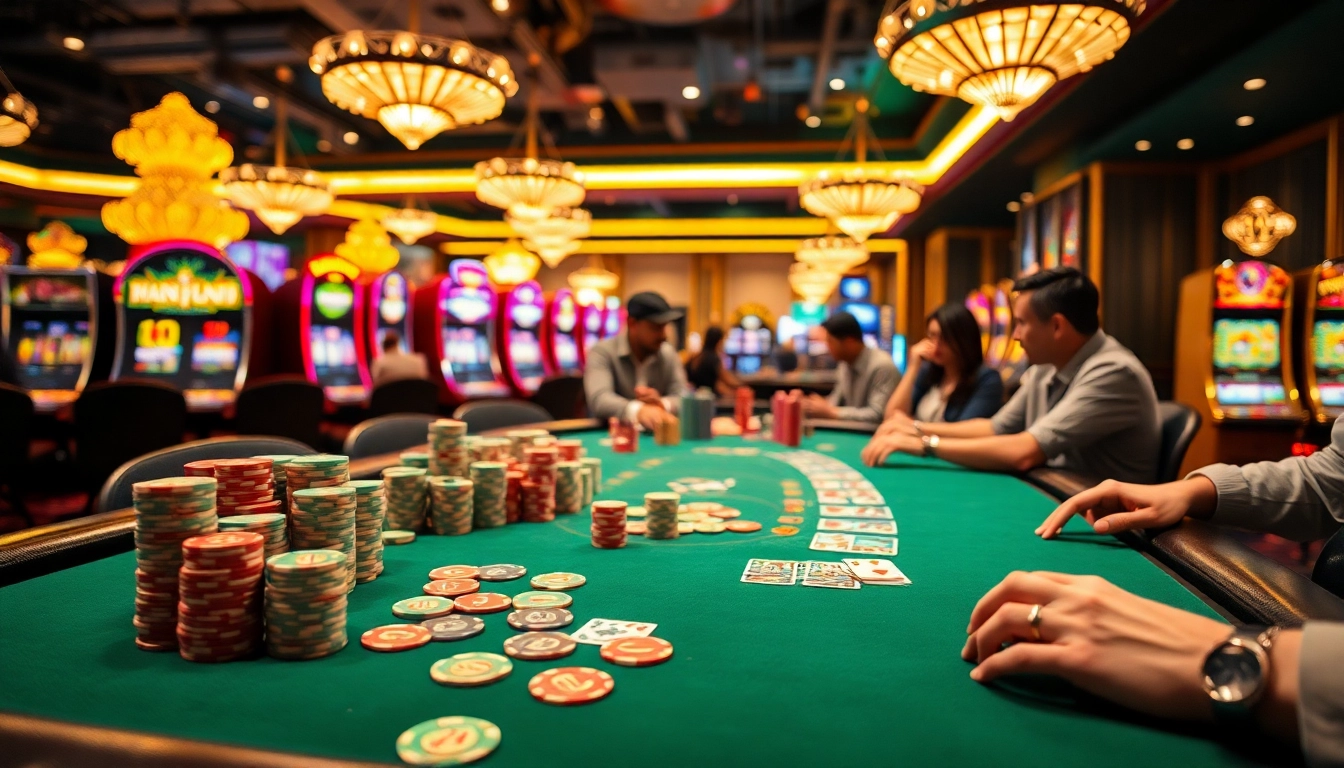 Man88 poker players strategize with colorful chips and cards in a vibrant casino setting.