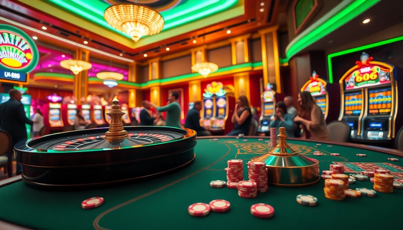 Exciting casino scene at u 888 with roulette wheel, poker chips, and slot machines.