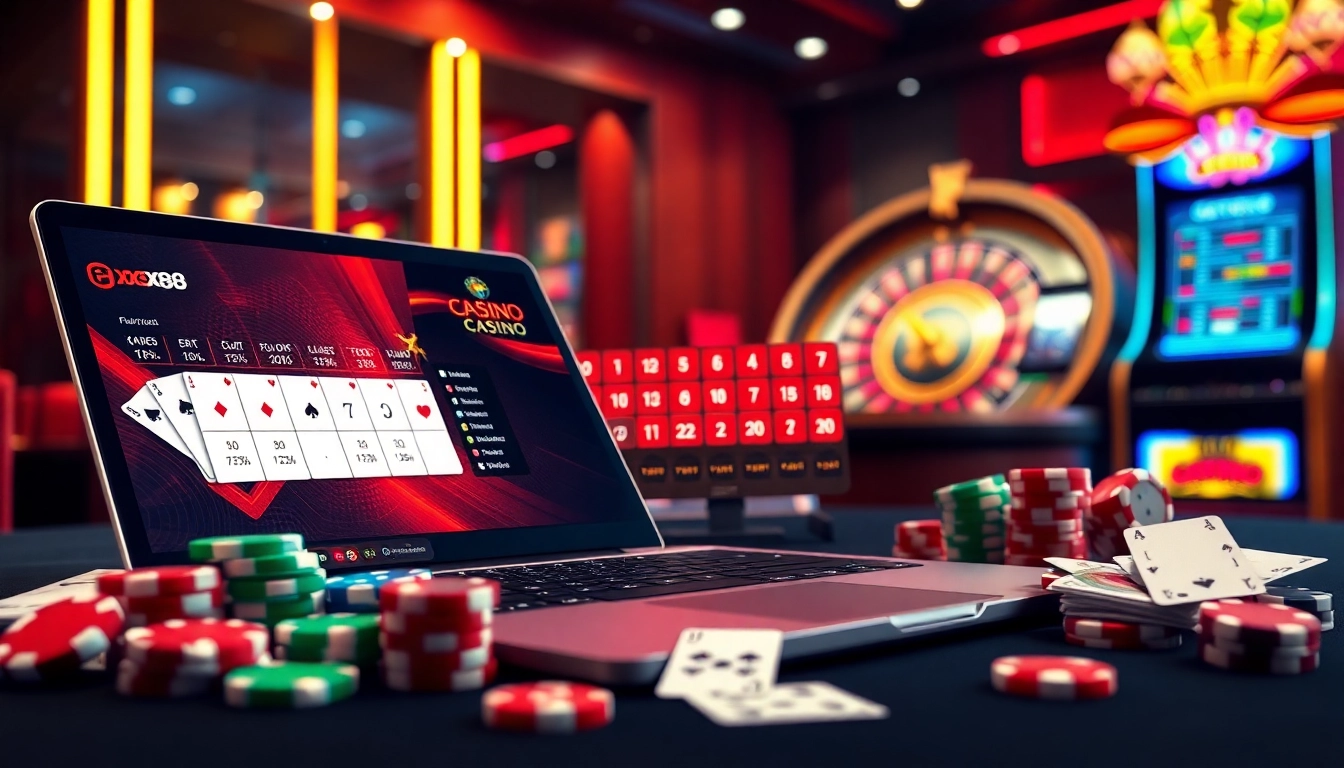 Experience thrilling online gaming action at https://xx88.day/ with a luxurious casino atmosphere showcasing cards, chips, and roulette.