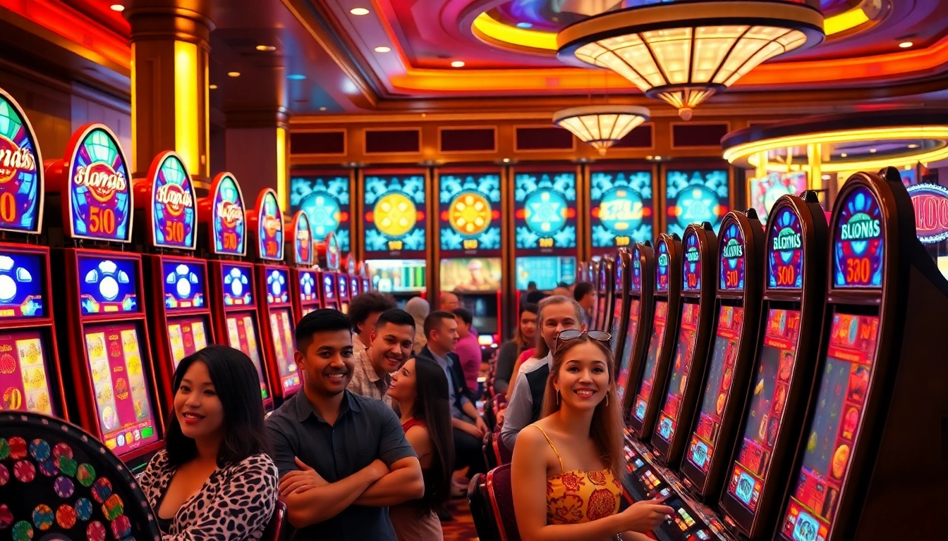 Players spinning slot machines in a vibrant casino, showcasing excitement and anticipation.