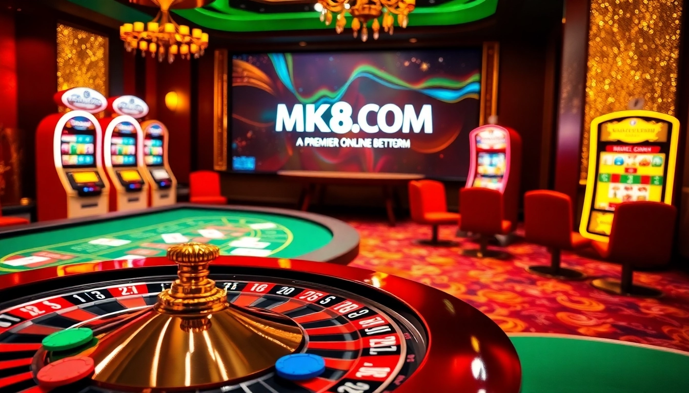 Betting action at MK8.COM with glamorous casino elements and vibrant roulette table.