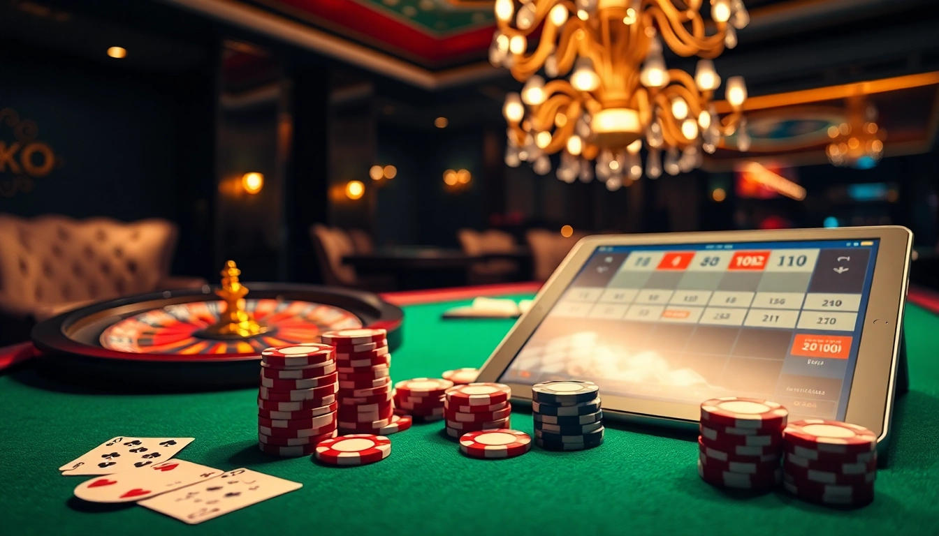 Engage in the exciting mmoo game đổi thưởng at a luxury casino table with poker chips and cards.
