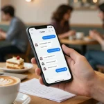 Engaging interaction with spicy chat ai chatbot on a smartphone in a cozy cafe setting.