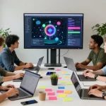 Collaborative team discussing NSFW AI features in a modern workspace