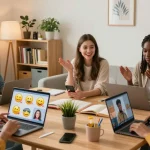 Engaging online chat scene showcasing diverse friends discussing شات تعب قلبي, highlighting emotional connections and vibrant interactions.