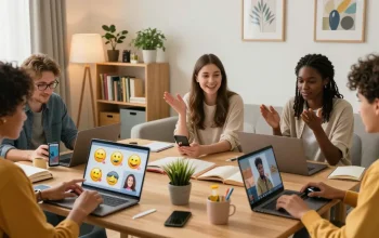 Engaging online chat scene showcasing diverse friends discussing شات تعب قلبي, highlighting emotional connections and vibrant interactions.