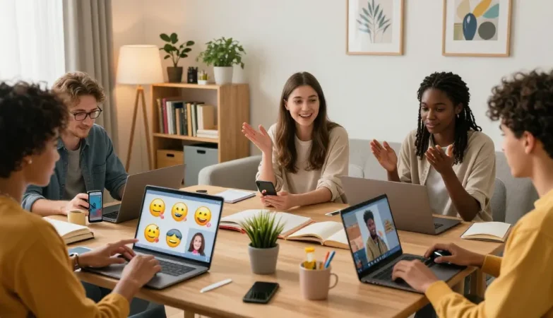 Engaging online chat scene showcasing diverse friends discussing شات تعب قلبي, highlighting emotional connections and vibrant interactions.