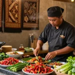 Persiapan masakan di Warung225 dengan koki lokal sedang memasak hidangan tradisional.