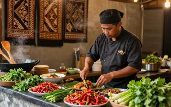 Persiapan masakan di Warung225 dengan koki lokal sedang memasak hidangan tradisional.