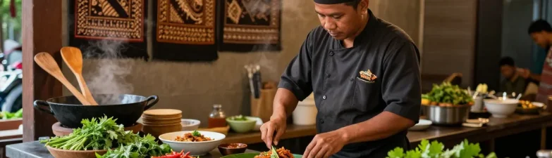 Persiapan masakan di Warung225 dengan koki lokal sedang memasak hidangan tradisional.