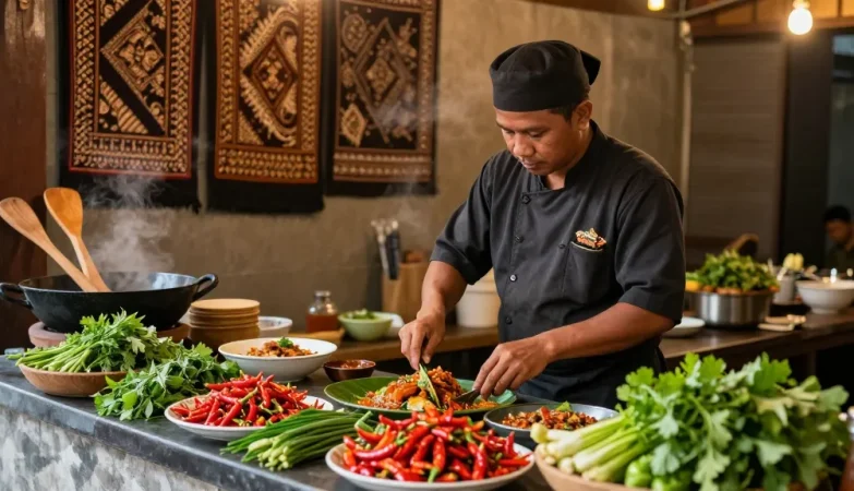 Persiapan masakan di Warung225 dengan koki lokal sedang memasak hidangan tradisional.