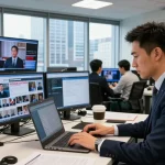 Journalist at https://www.theindaily.com newsroom working on breaking news, dynamic environment with screens and city view.