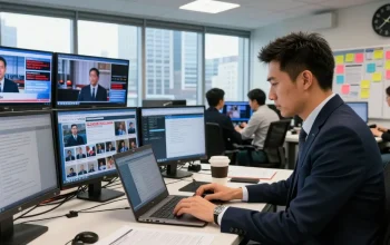 Journalist at https://www.theindaily.com newsroom working on breaking news, dynamic environment with screens and city view.