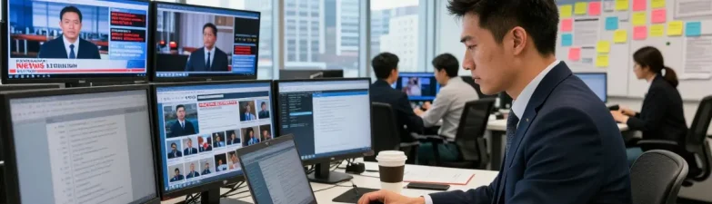 Journalist at https://www.theindaily.com newsroom working on breaking news, dynamic environment with screens and city view.