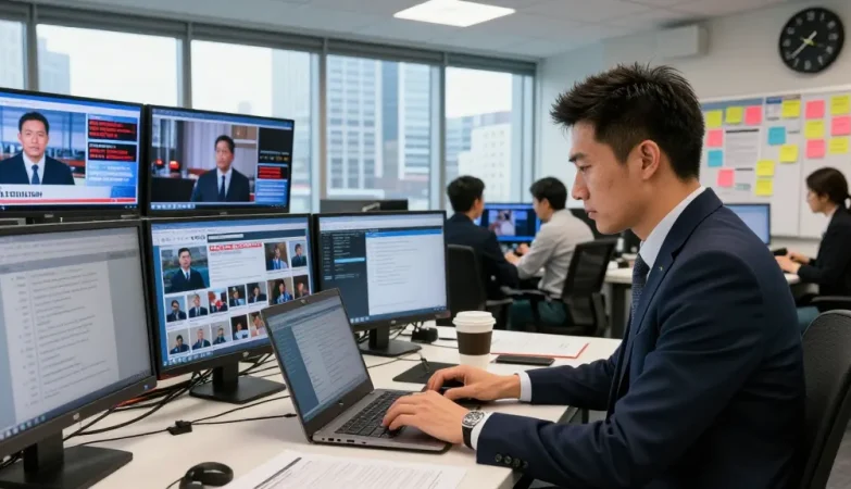 Journalist at https://www.theindaily.com newsroom working on breaking news, dynamic environment with screens and city view.